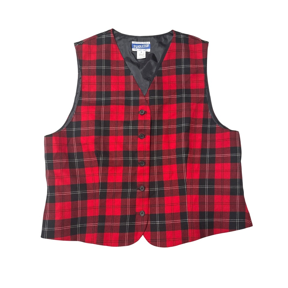 Pendleton Womens Red Black Plaid Wool Button Front Vest Size 16 V-Neck USA XL
